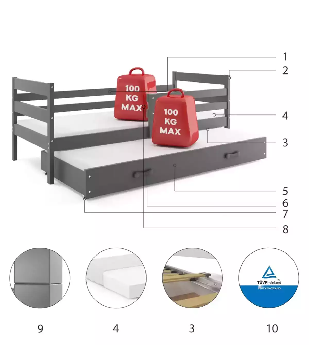 Komponenty pro výsuvnou postel pro mládež ERYK 90X200 s matrací a šuplíkem, grafit