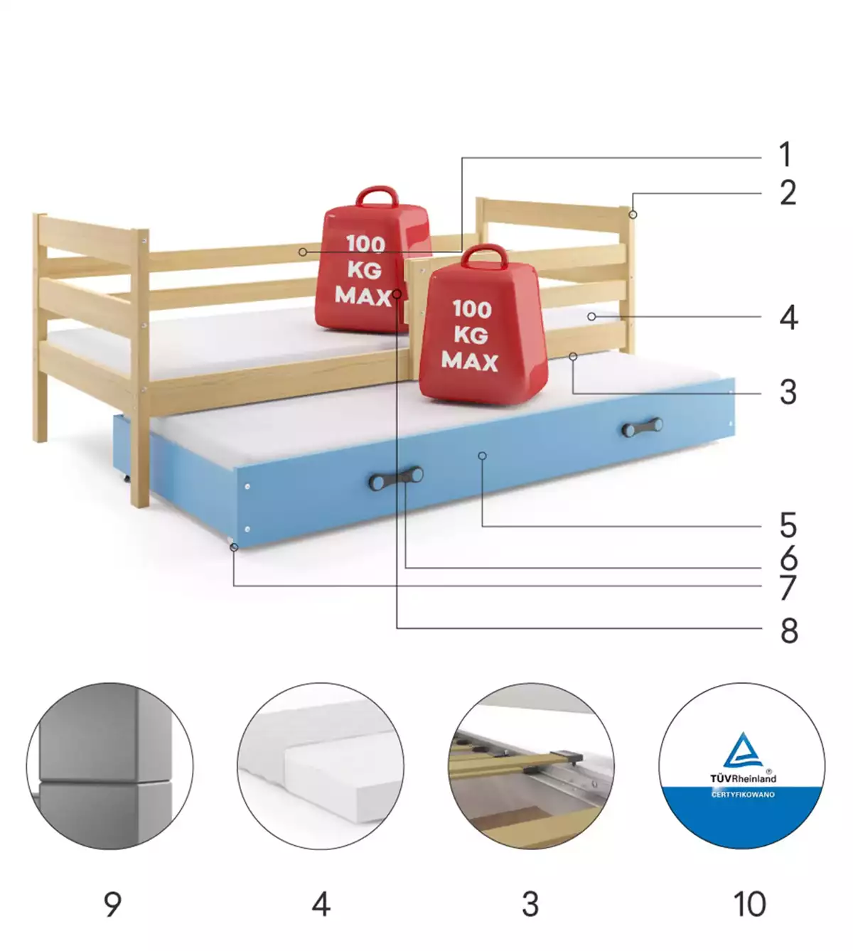 Komponenty pro výsuvnou postel pro mládež ERYK 90X200 s matrací a šuplíkem, borovice/modrá