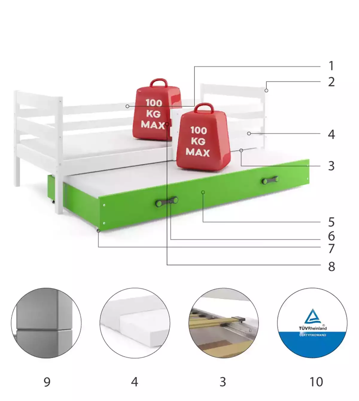 Komponenty pro výsuvnou postel ERYK pro teenagery 90X200 se zásuvkou, bílá/zelená