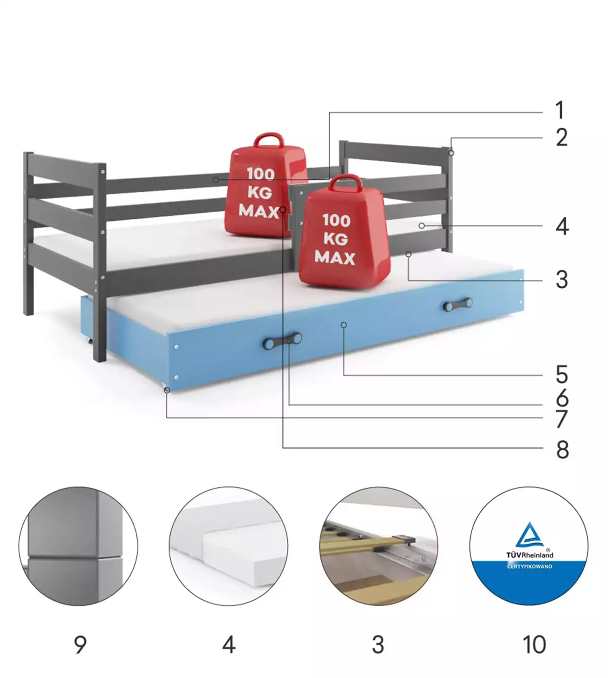 Komponenty pro výsuvnou postel pro mládež ERYK 90X200 se zásuvkou, grafit/modrá