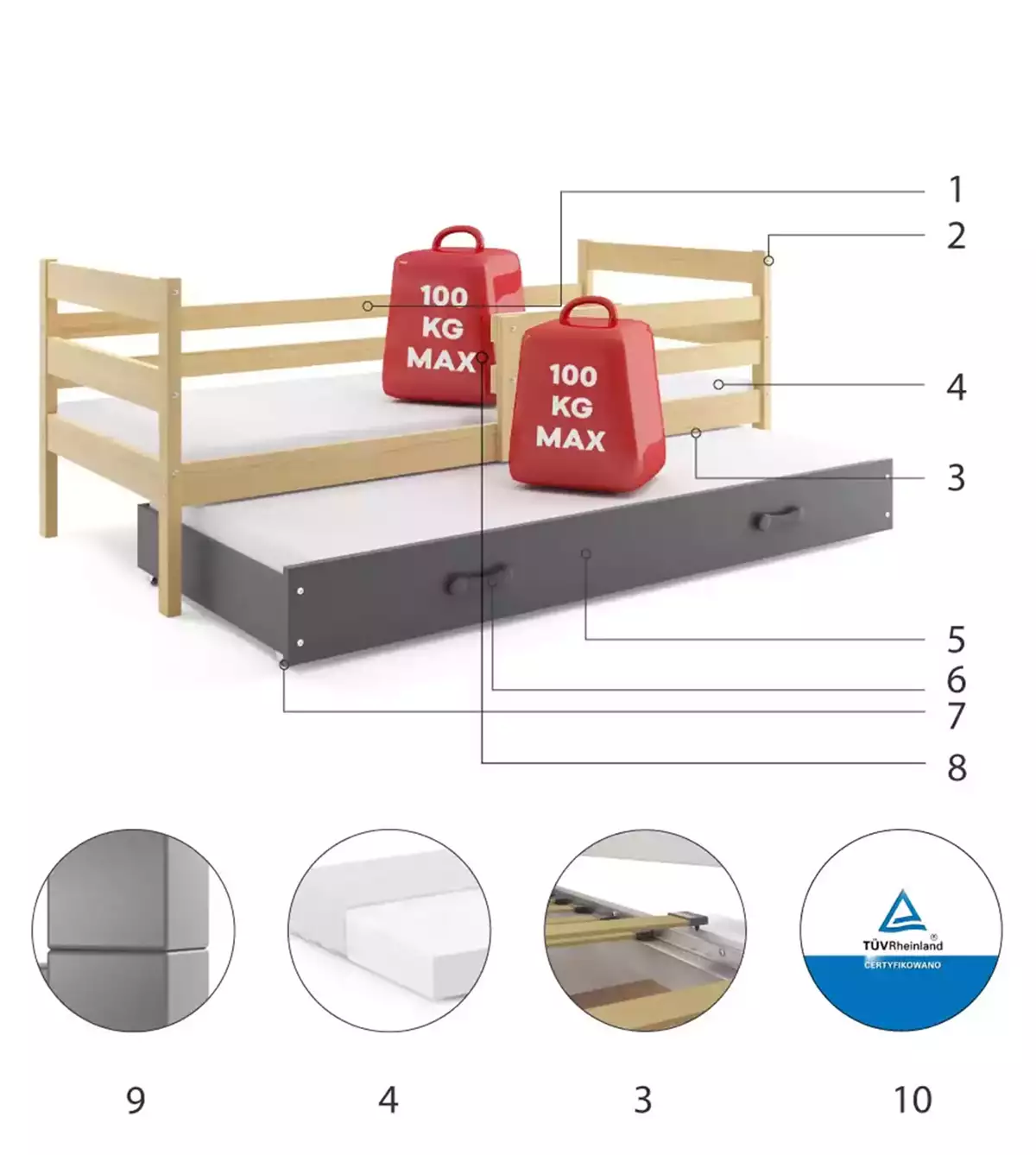 Komponenty pro výsuvnou postel pro mládež ERYK 90X200 se zásuvkou, borovice/grafit