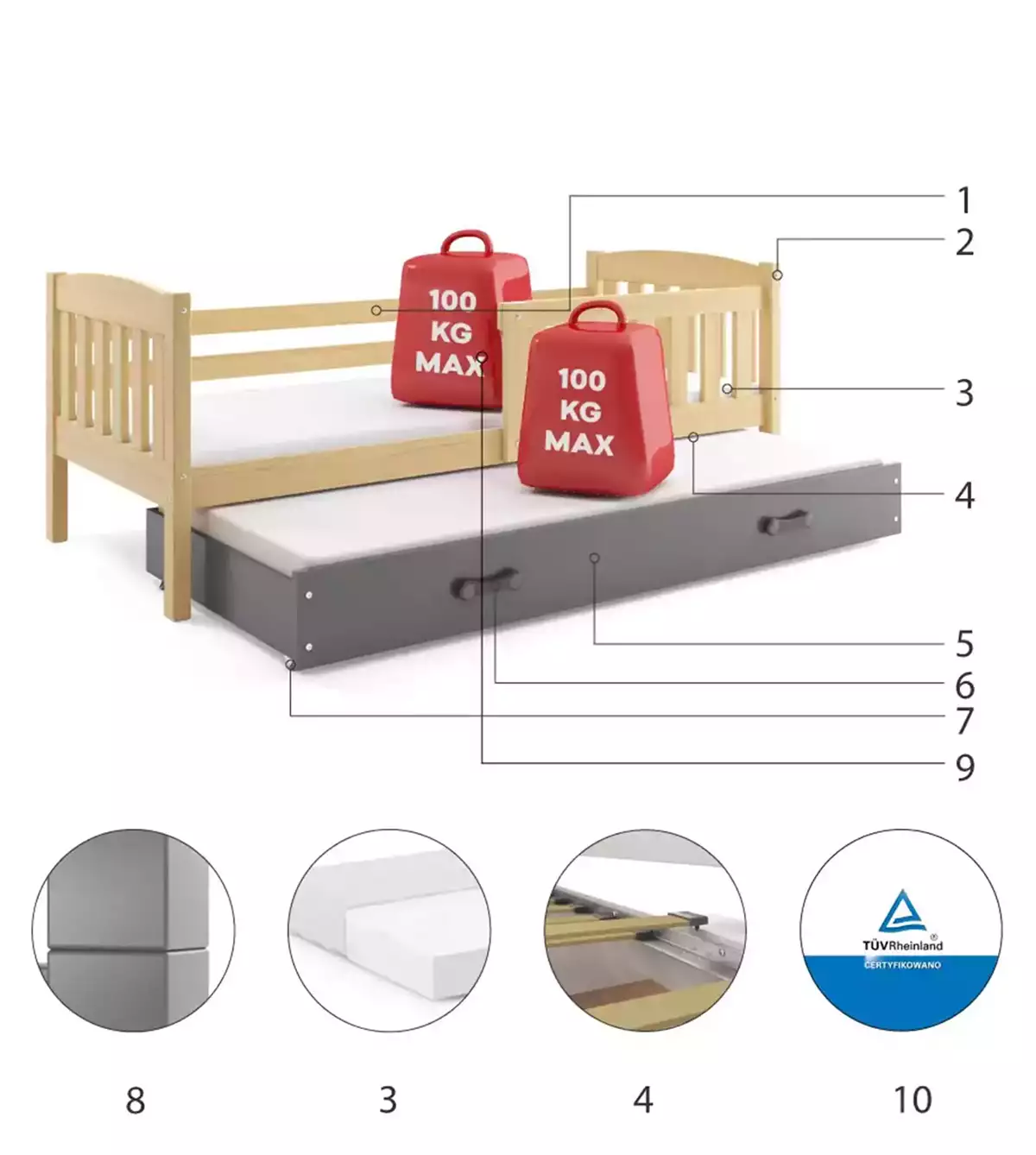 Komponenty pro výsuvnou postel pro mládež KUBUŚ 80X190 se zásuvkou, borovice/grafit