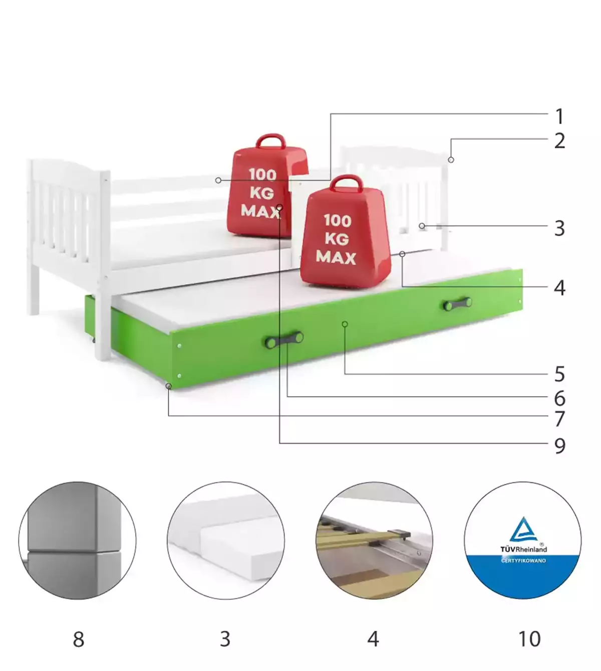 Komponenty pro rozkládací postel pro mládež KUBUŚ 90X200 s matrací a zásuvkou, bílá/zelená