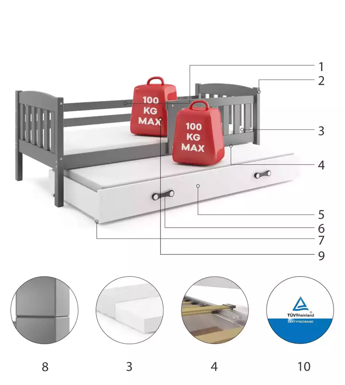 Komponenty pro rozkládací postel pro mládež KUBUŚ 90X200 s matrací a zásuvkou, grafit/bílá