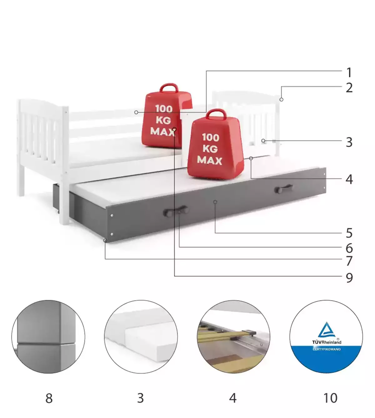 Komponenty pro výsuvnou postel pro mládež KUBUŚ 90X200 se zásuvkou, bílá/grafit