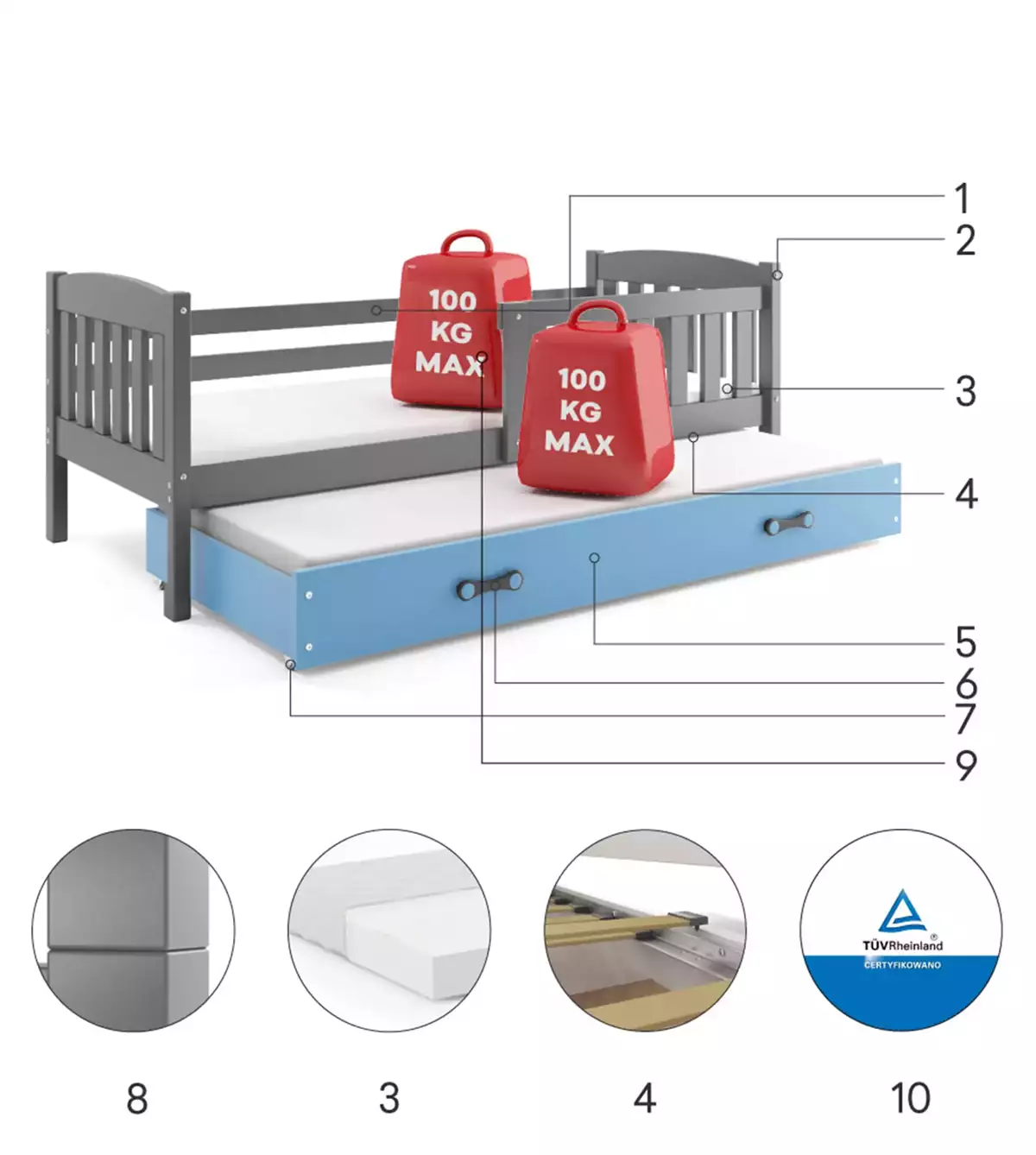 Komponenty pro výsuvnou postel pro mládež KUBUŚ 90X200 se zásuvkou, grafit/modrá