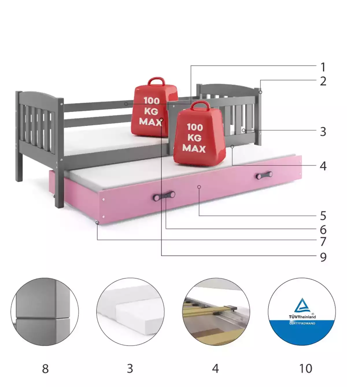 Komponenty pro výsuvnou postel pro mládež KUBUŚ 90X200 se zásuvkou, grafit/růžová