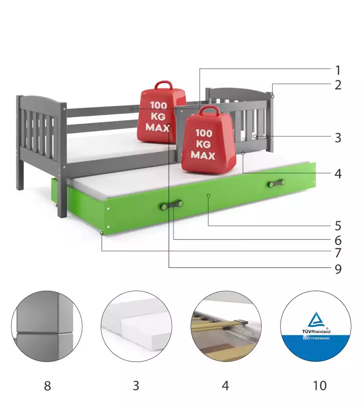 Komponenty pro výsuvnou postel pro mládež KUBUŚ 90X200 se zásuvkou, grafit/zelená