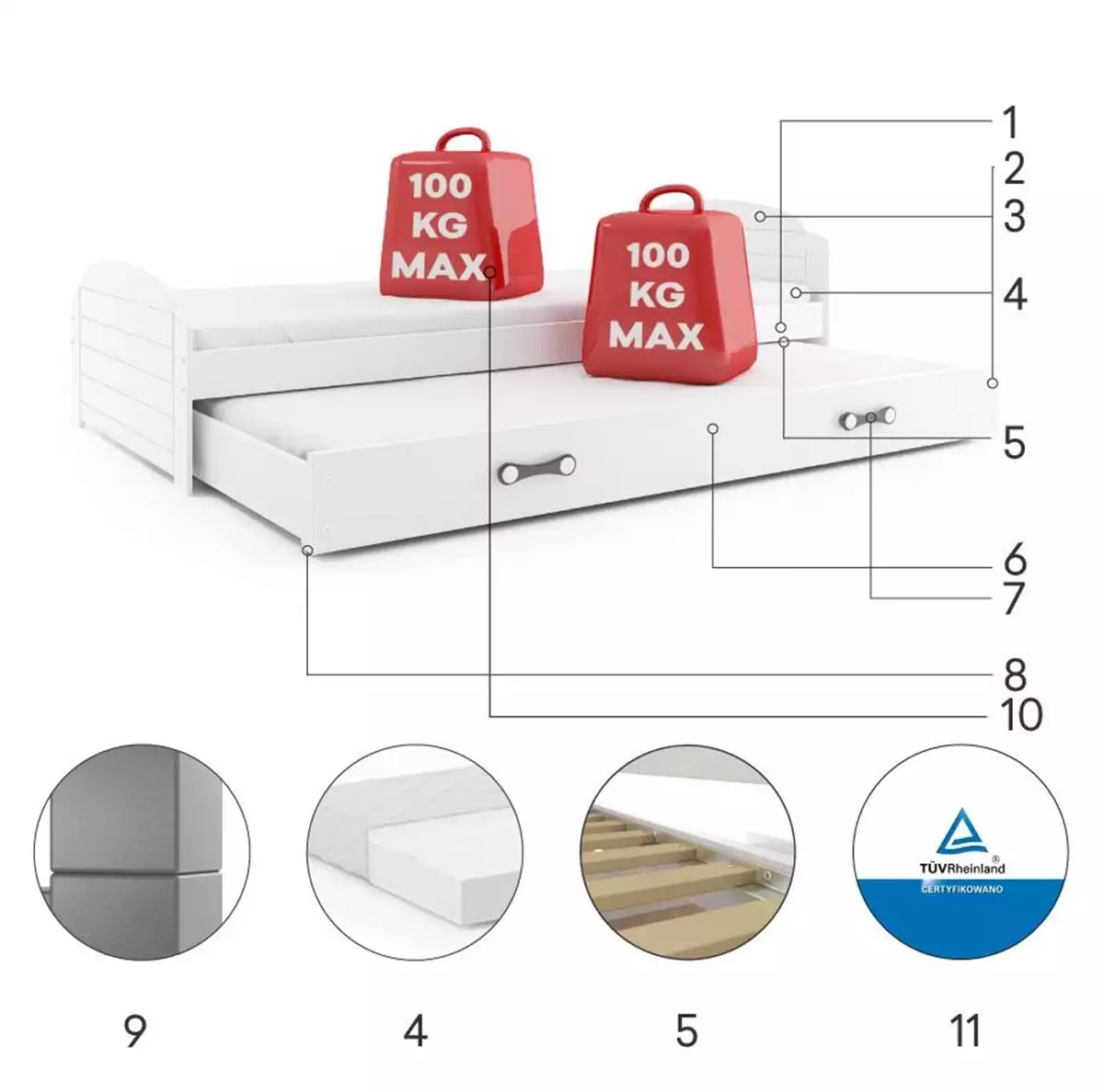 Komponenty pro výsuvnou postel LILI pro teenagery 90X200 s matrací a šuplíkem, bílá