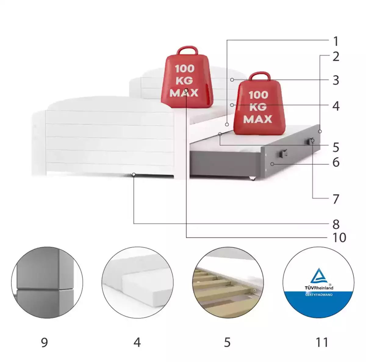 Komponenty pro výsuvnou postel LILI pro teenagery 90X200 s matrací a šuplíkem, bílá/grafit