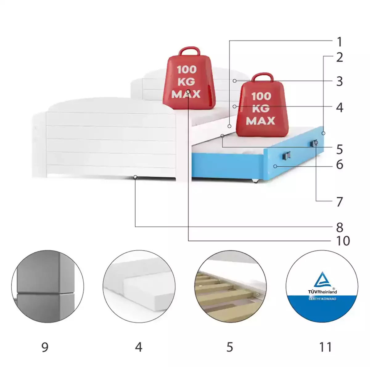 Komponenty pro výsuvnou postel LILI pro teenagery 90X200 s matrací a šuplíkem, bílá/modrá