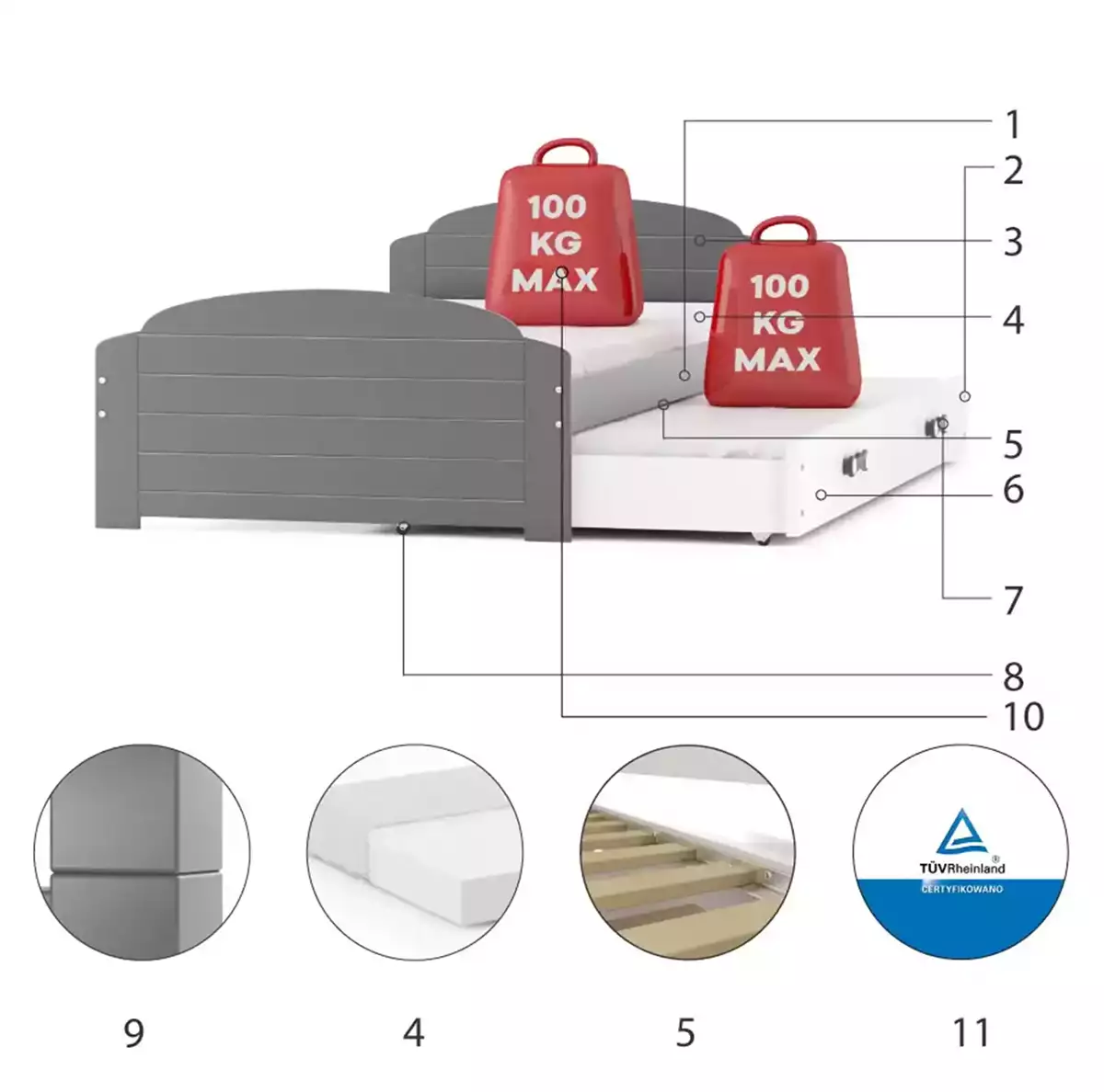 Komponenty pro výsuvnou postel LILI pro teenagery 90X200 s matrací a šuplíkem, grafit/bílá
