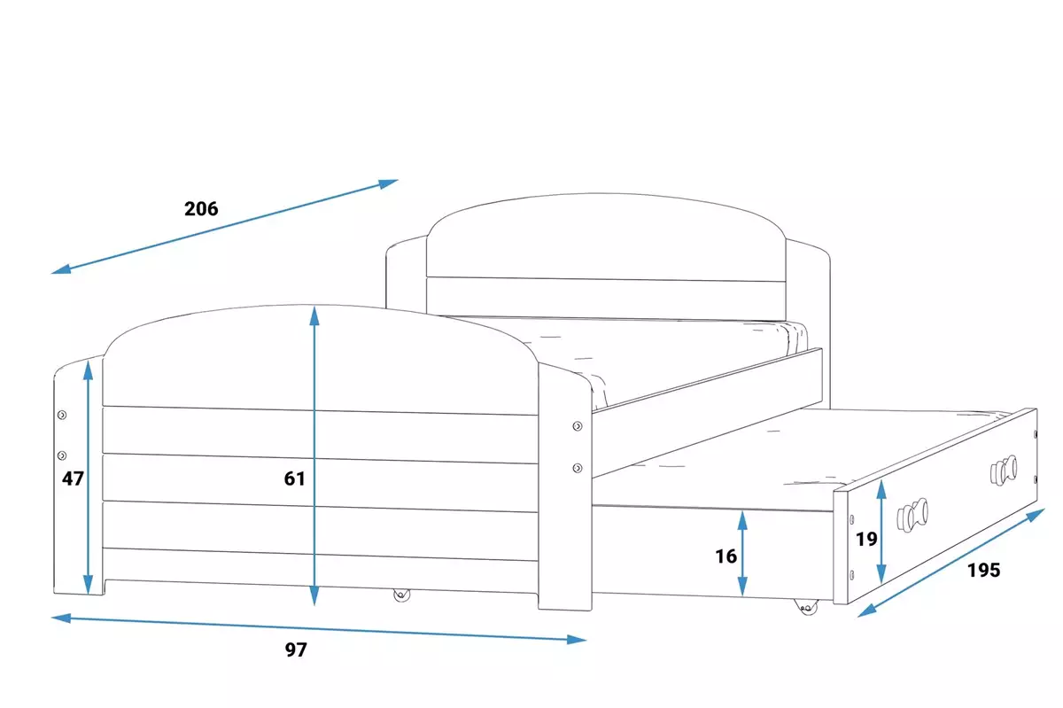 Rozměry a specifikace výsuvné postele LILI pro teenagery 90X200 s matrací a šuplíkem, grafit/bílá