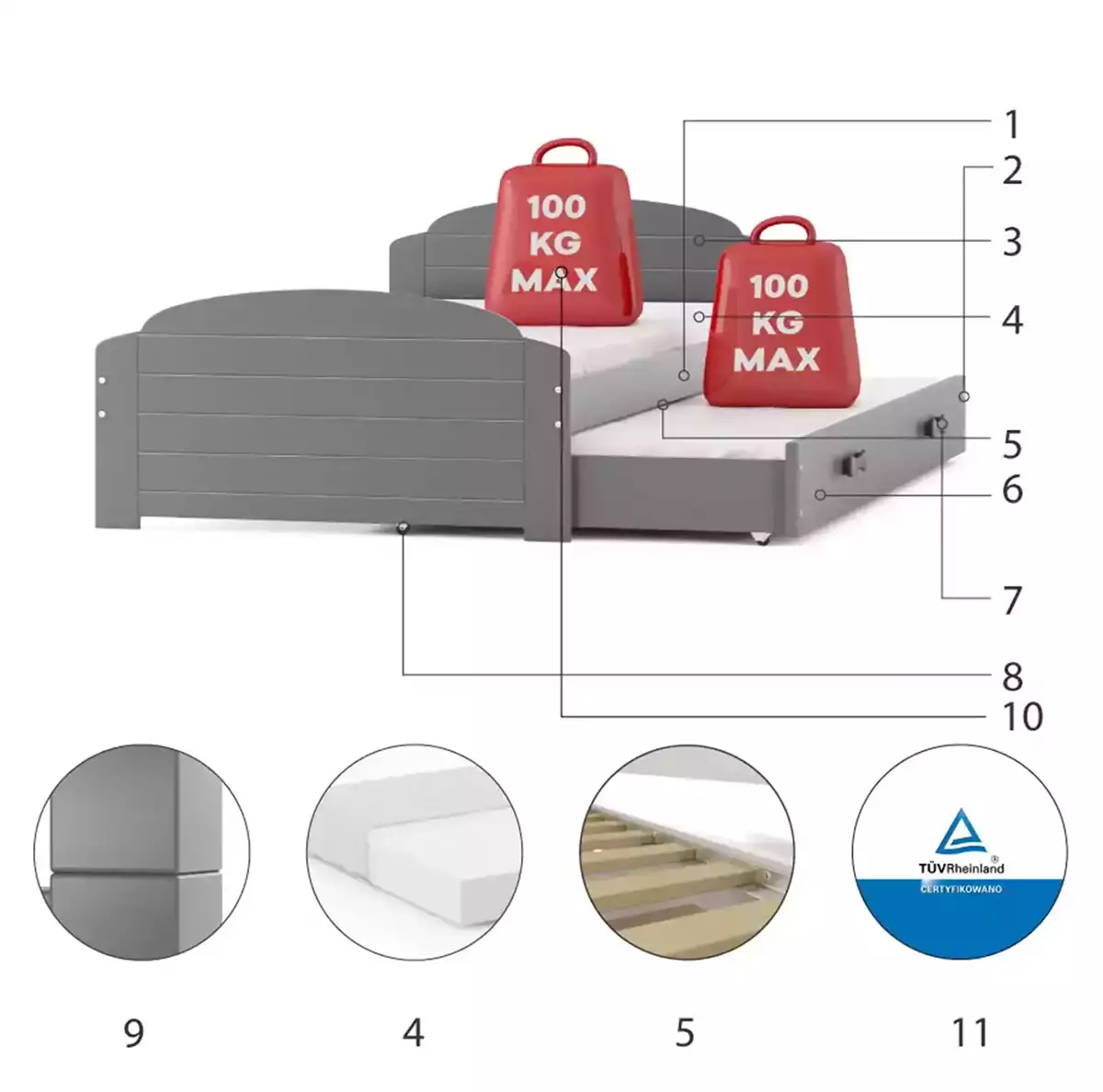 Komponenty pro výsuvnou postel LILI pro teenagery 90X200 s matrací a šuplíkem, grafit