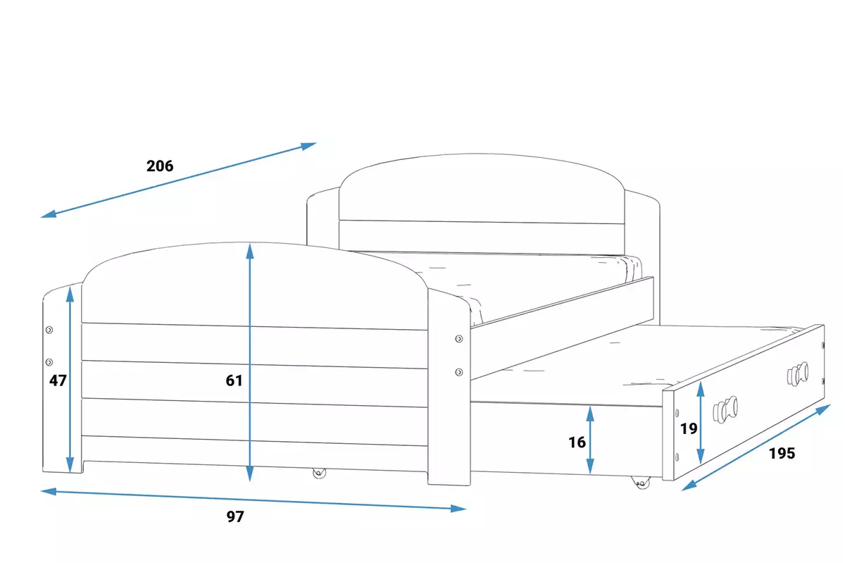 Rozměry a specifikace výsuvné postele LILI pro teenagery 90X200 s matrací a šuplíkem, grafit/modrá