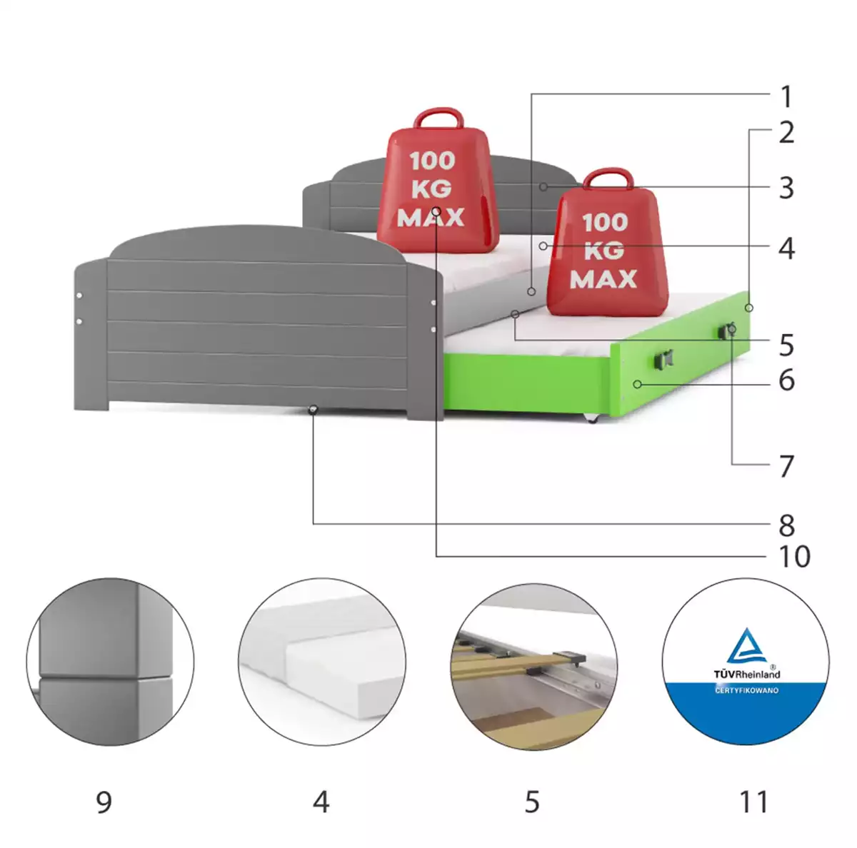 Komponenty pro výsuvnou postel LILI pro teenagery 90X200 s matrací a šuplíkem, grafit/zelená