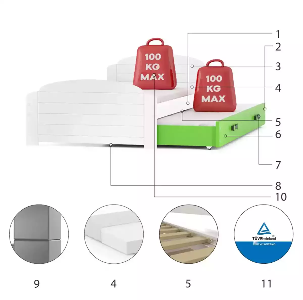 Komponenty pro výsuvnou postel LILI pro teenagery 90X200 se zásuvkou, bílá/zelená