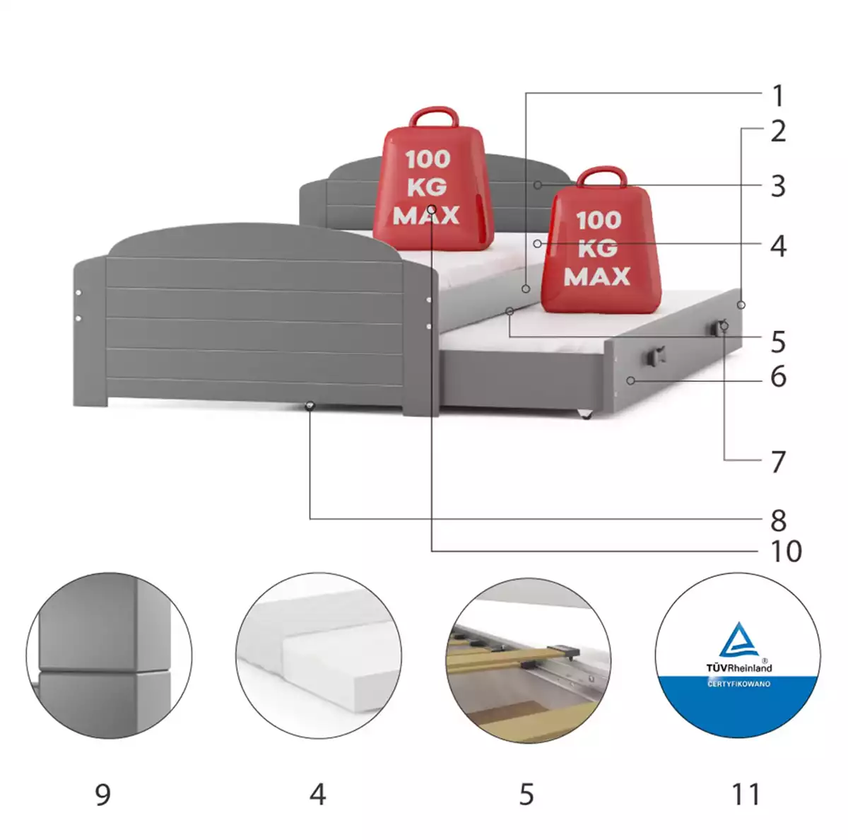 Komponenty pro výsuvnou postel LILI pro teenagery 90X200 se zásuvkou, grafit