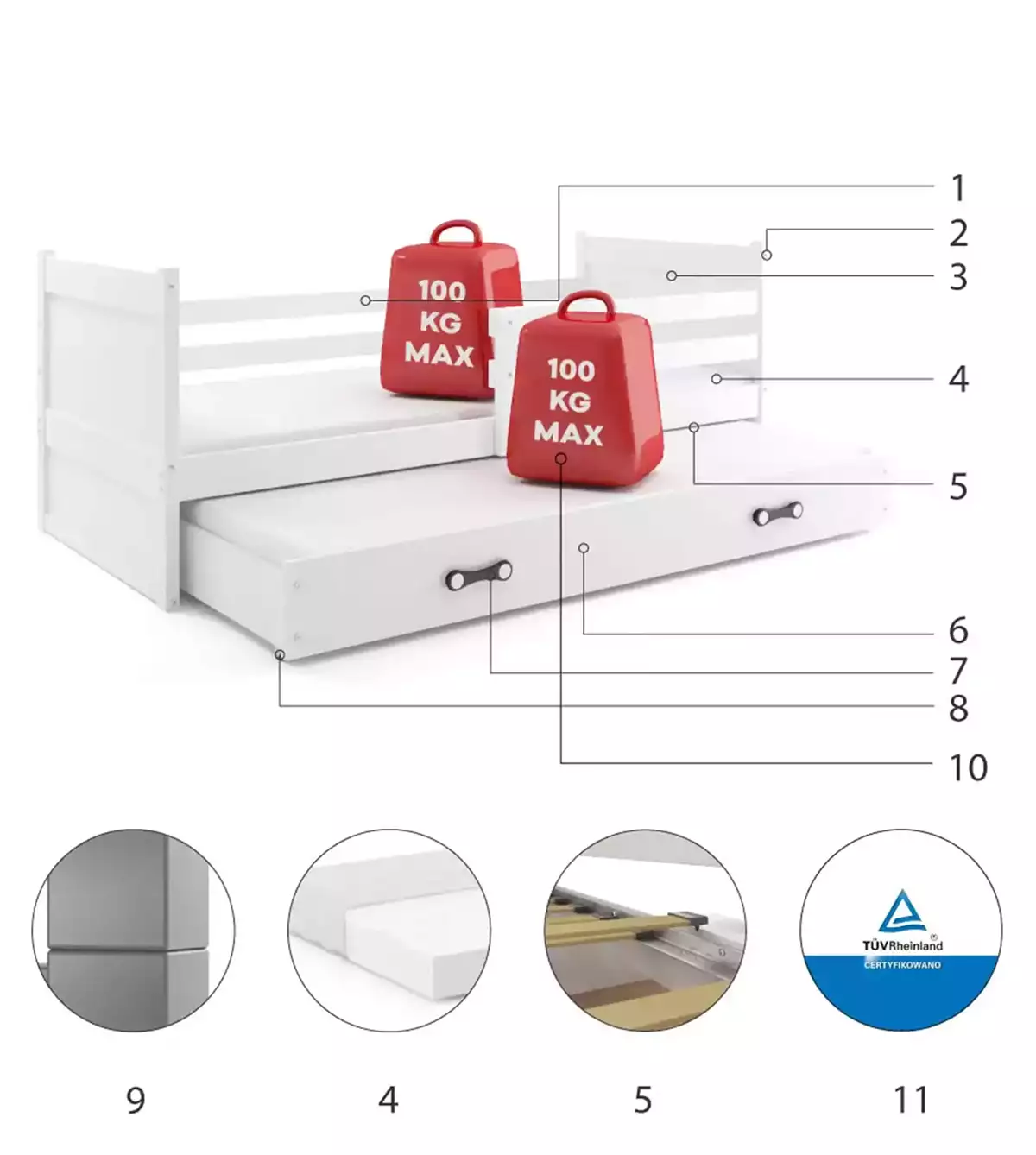 Komponenty pro výsuvnou postel RICO pro teenagery 90X200 s matrací a šuplíkem, bílá