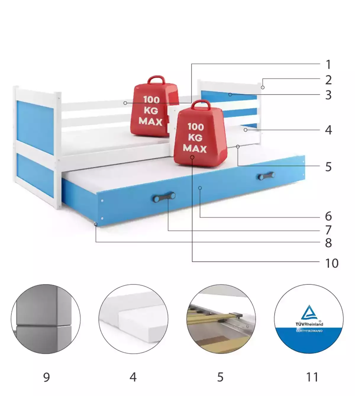 Komponenty pro výsuvnou postel RICO pro teenagery 90X200 s matrací a šuplíkem, bílá/modrá