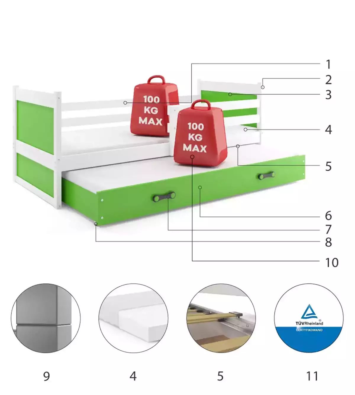 Komponenty pro výsuvnou postel pro teenagery RICO 90X200 s matrací a šuplíkem, bílá/zelená
