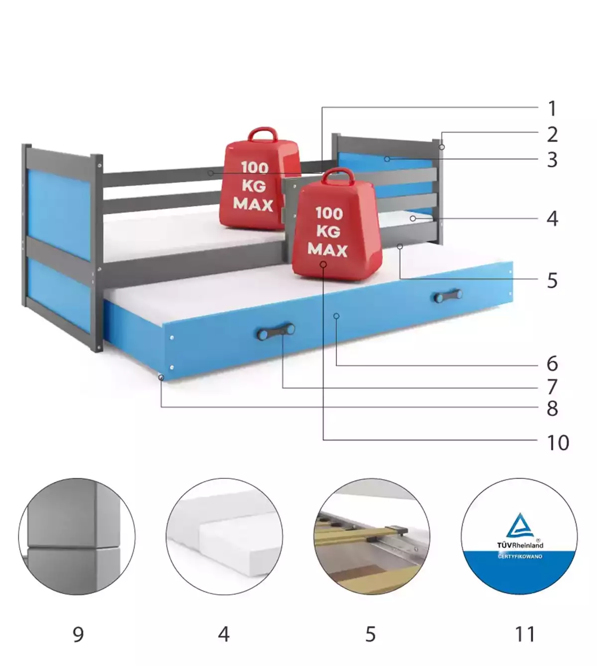Komponenty pro výsuvnou postel pro mládež RICO 90X200 s matrací a zásuvkou, grafit/modrá