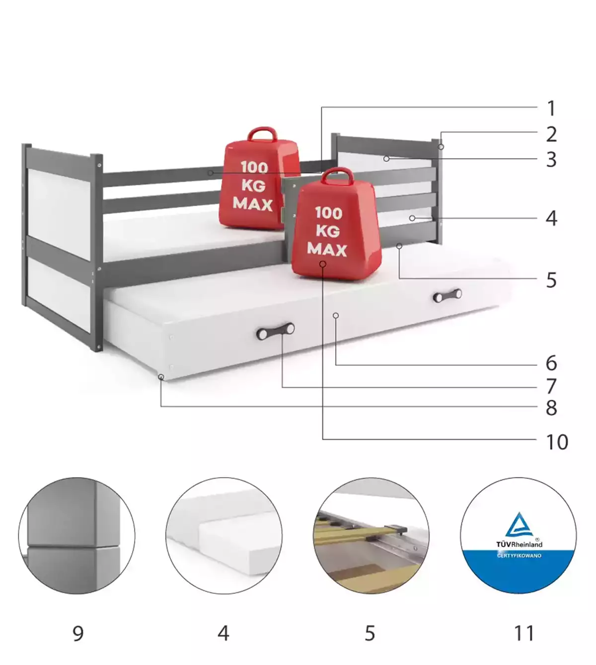 Komponenty pro výsuvnou postel RICO pro teenagery 90X200 se zásuvkou, grafit/bílá