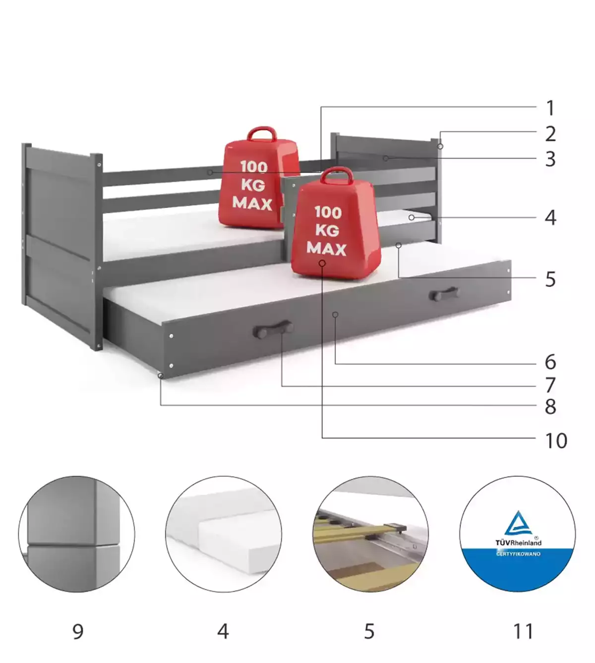 Komponenty pro výsuvnou postel pro mládež RICO 90X200 se zásuvkou, grafit