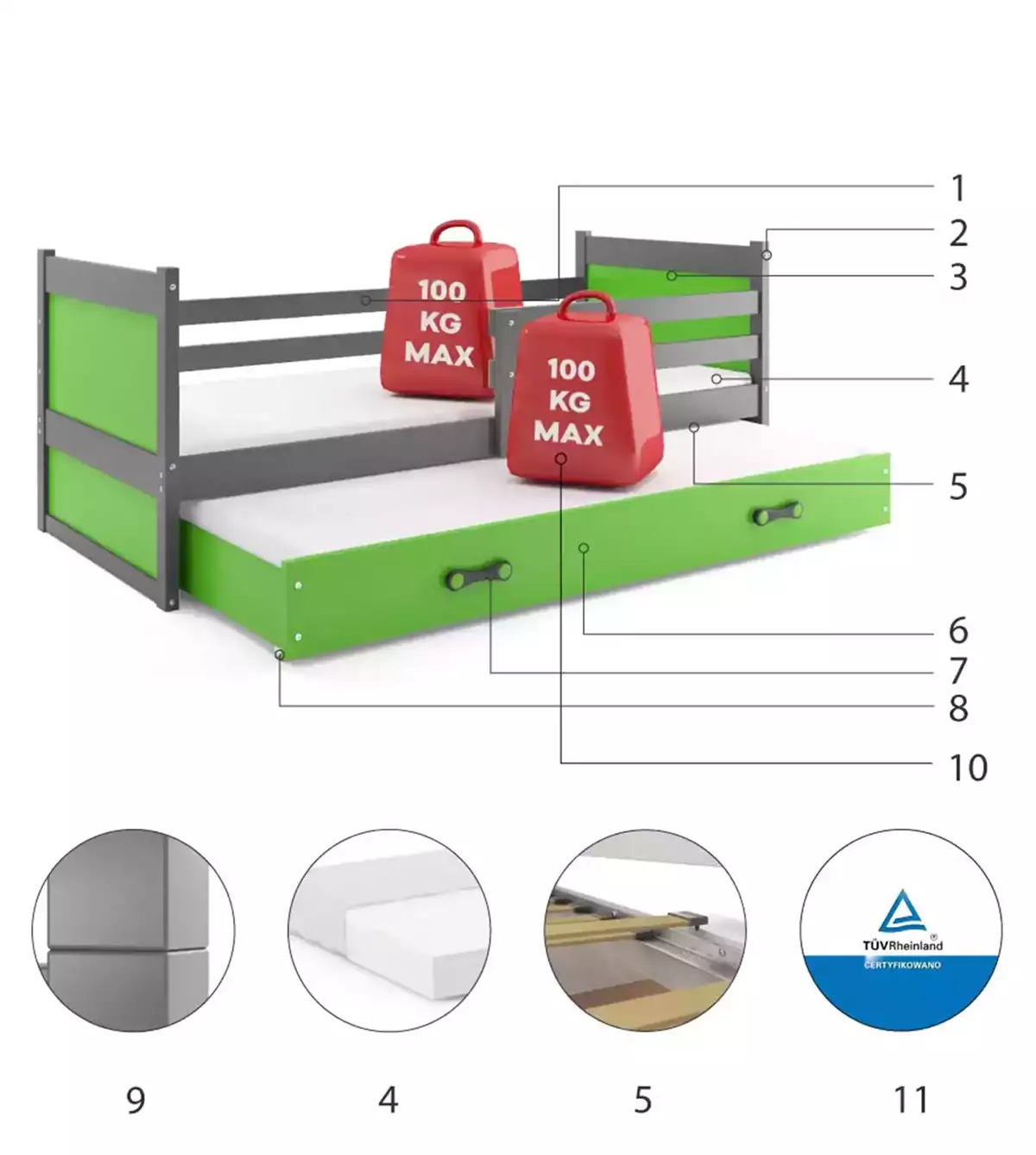 Komponenty pro výsuvnou postel RICO pro teenagery 90X200 se zásuvkou, grafit/zelená