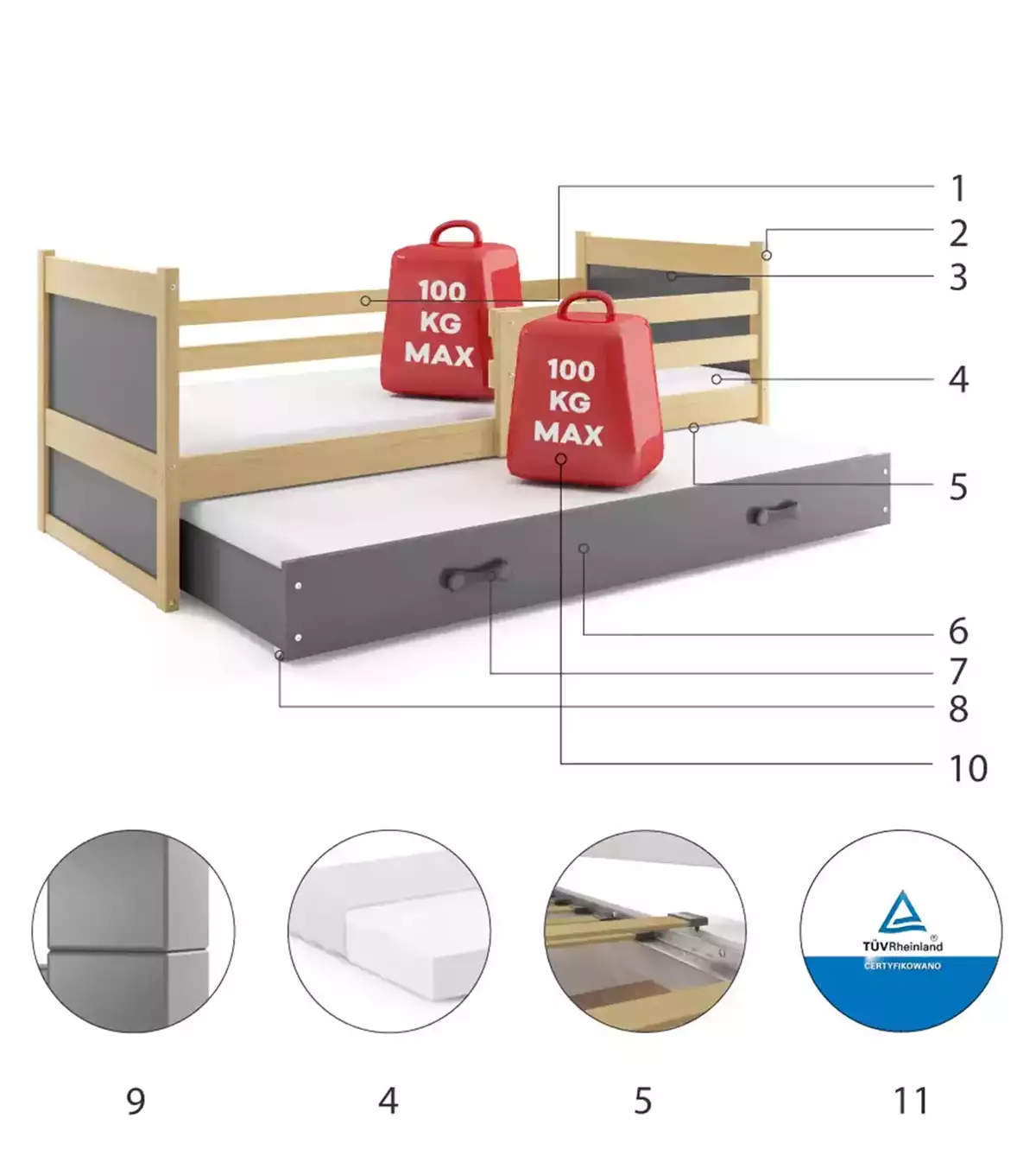 Komponenty pro výsuvnou postel RICO pro teenagery 90X200 se zásuvkou, borovice/grafit