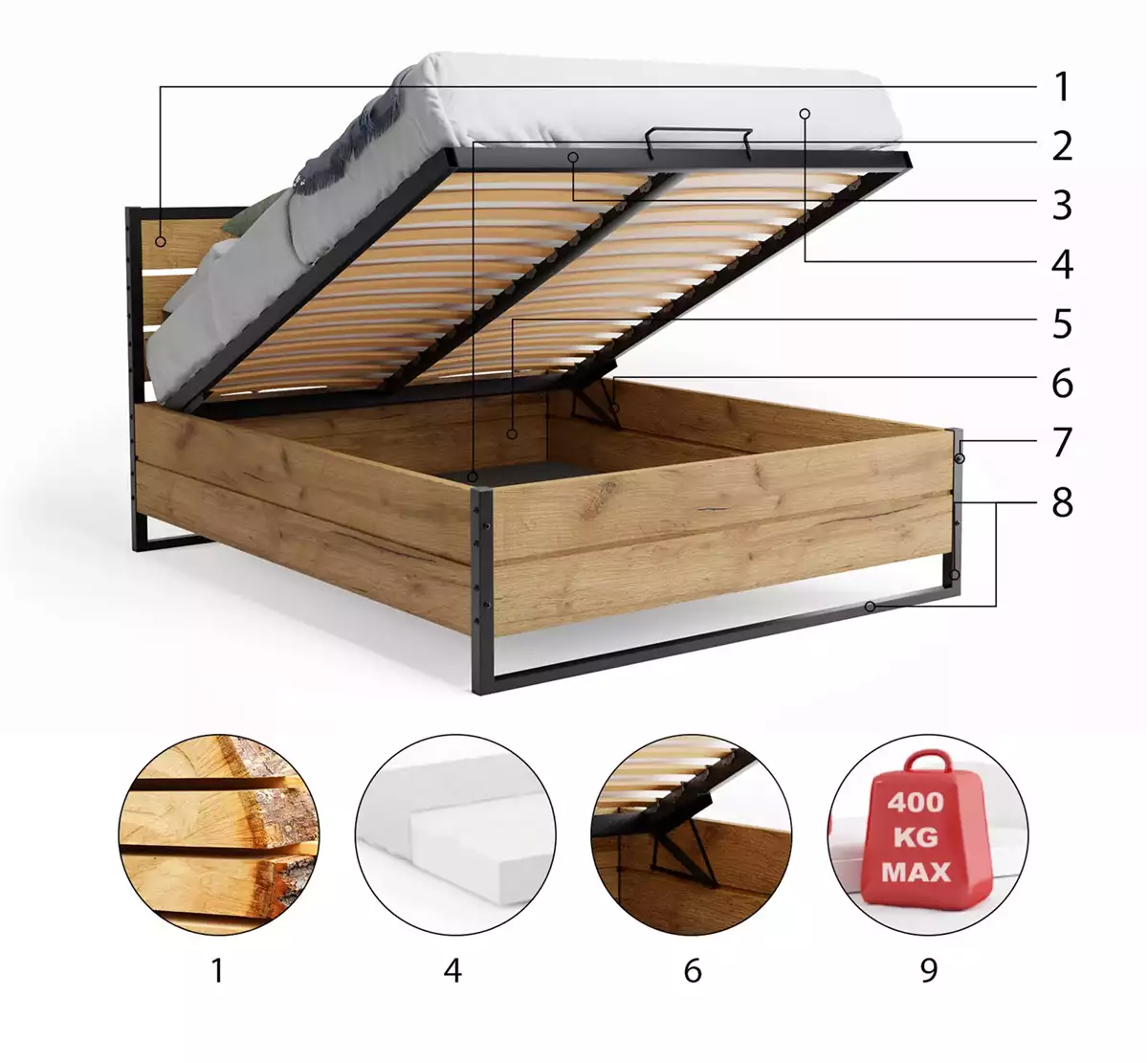 Komponenty pro postel LOFT 160X200 s matrací a kontejnerem, vyrobené z dubového dřeva