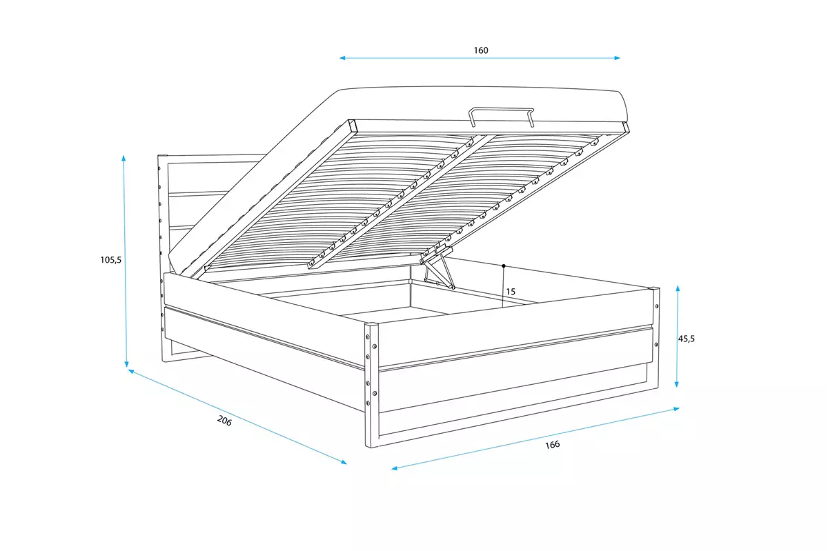 Rozměry a specifikace pro postel LOFT do ložnice 160X200 s úložným prostorem, vyrobeno z dubového dřeva