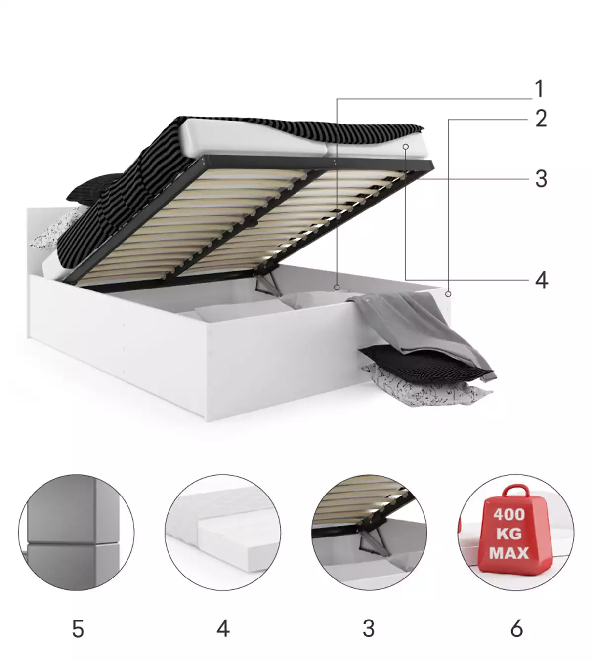 Komponenty pro postel do ložnice PANAMAX 160X200 s úložným prostorem, bílá