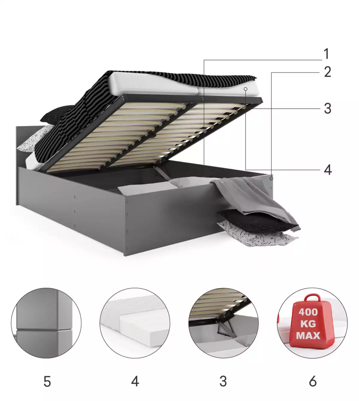 Komponenty pro postel do ložnice PANAMAX 160X200 s matrací a kontejnerem, grafit