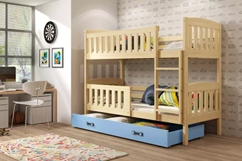 Patrová postel KUBUŚ 90X200 s matrací a zásuvkou, borovice/modrá
