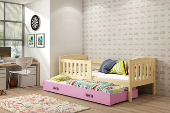 Výsuvná postel pro mládež KUBUŚ 90X200 s matrací a zásuvkou, borovice/růžová
