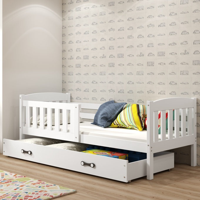 KUBUŚ 90X200 jednolůžko pro mladé s matrací a zásuvkou, bílé