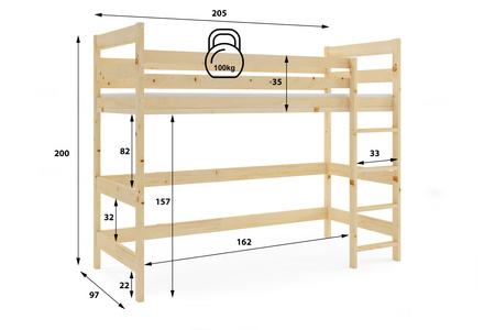 Patrová postel pro mladé - mezanin z přírodního dřeva 90x200