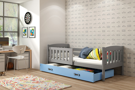 KUBUŚ 90X190 jednolůžko pro mladé s matrací a zásuvkou, grafit/modrá