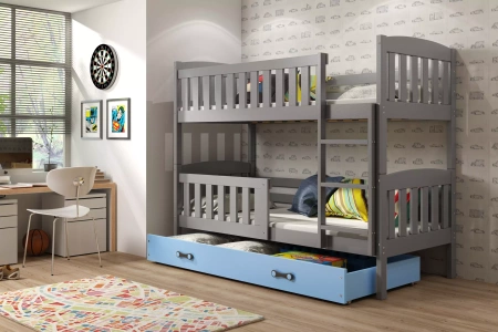 Patrová postel pro mládež KUBUŚ 90X200 s matrací a zásuvkou, grafit/modrá