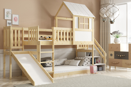 Patrová postel se skluzavkou, baldachýnem a schody - mezanin z přírodního dřeva 90x200