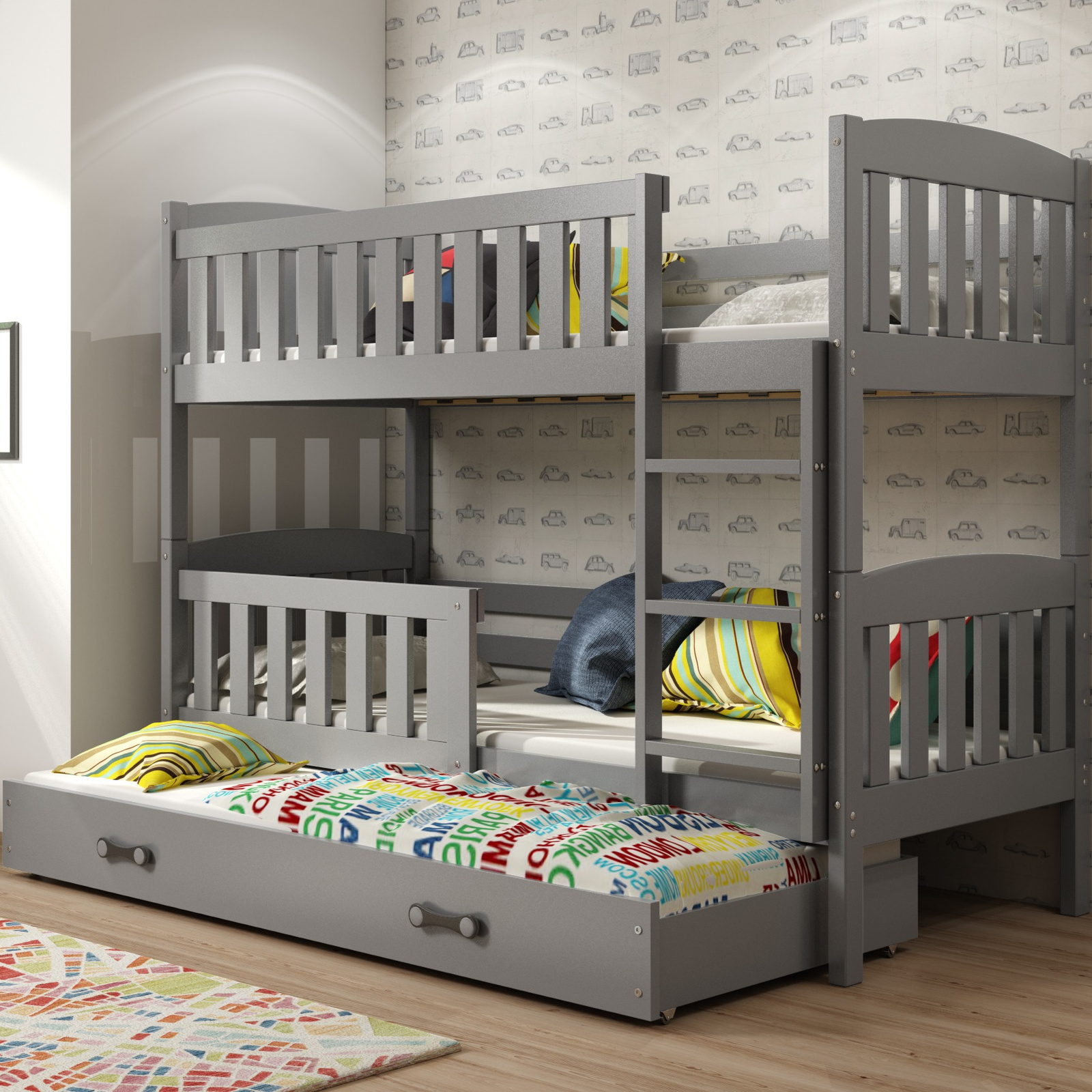 Třímístná postel pro mládež KUBUŚ 90X200 s matrací a zásuvkou, grafitová barva