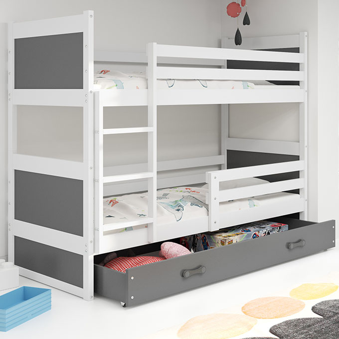 Patrová postel pro mládež RICO 90X200 s matrací a zásuvkou, bílá/grafitová