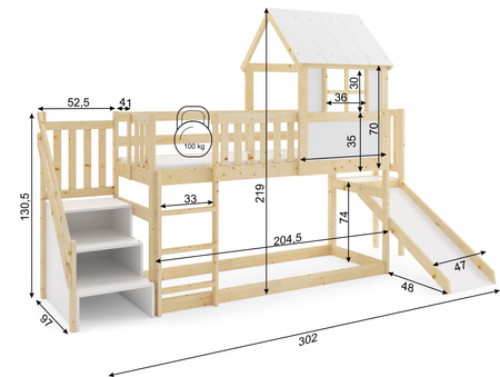 Patrová postel se skluzavkou, baldachýnem a schody - mezanin z přírodního dřeva 90x200