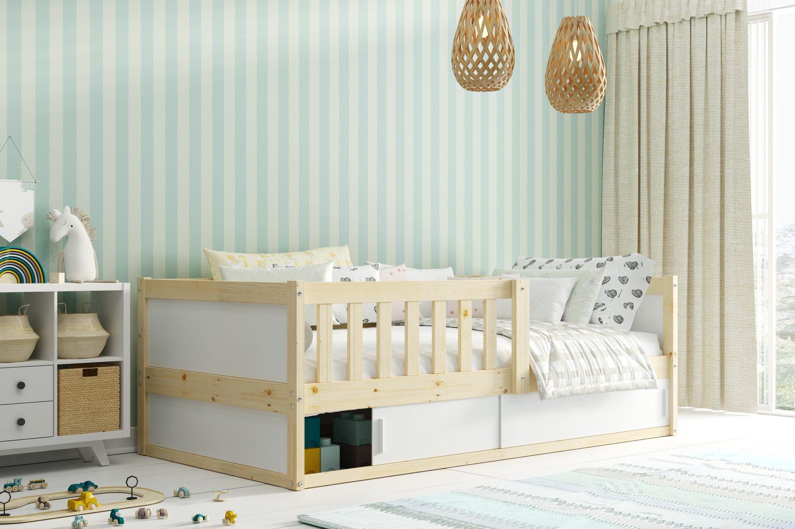 SMART 2 80X160 jednolůžková dětská postel s matrací a úložným prostorem, přírodní dřevo