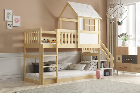 Patrová postel se schody a baldachýnem - mezanin z přírodního dřeva 90x200