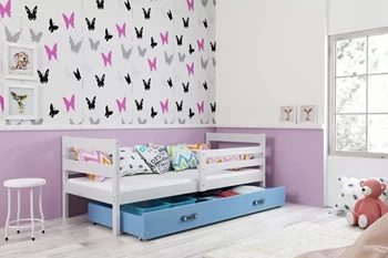 Jednolůžko pro mládež ERYK 90X200 s matrací a zásuvkou, bílá/modrá