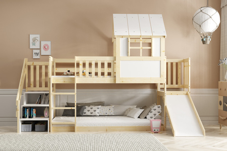 Patrová postel se skluzavkou, baldachýnem a schody - mezanin z přírodního dřeva 90x200