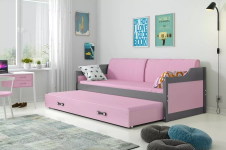 DAWID 90X200 výsuvná postel pro mládež s matrací a zásuvkou, grafit/růžová