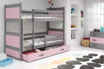 Patrová postel pro mládež RICO 90X190 se zásuvkou, grafit/růžová